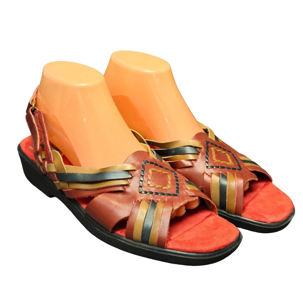 Dr Scholls Red Aztec Double Air Pillo Cushion Insoles Leather Sandals Comfort